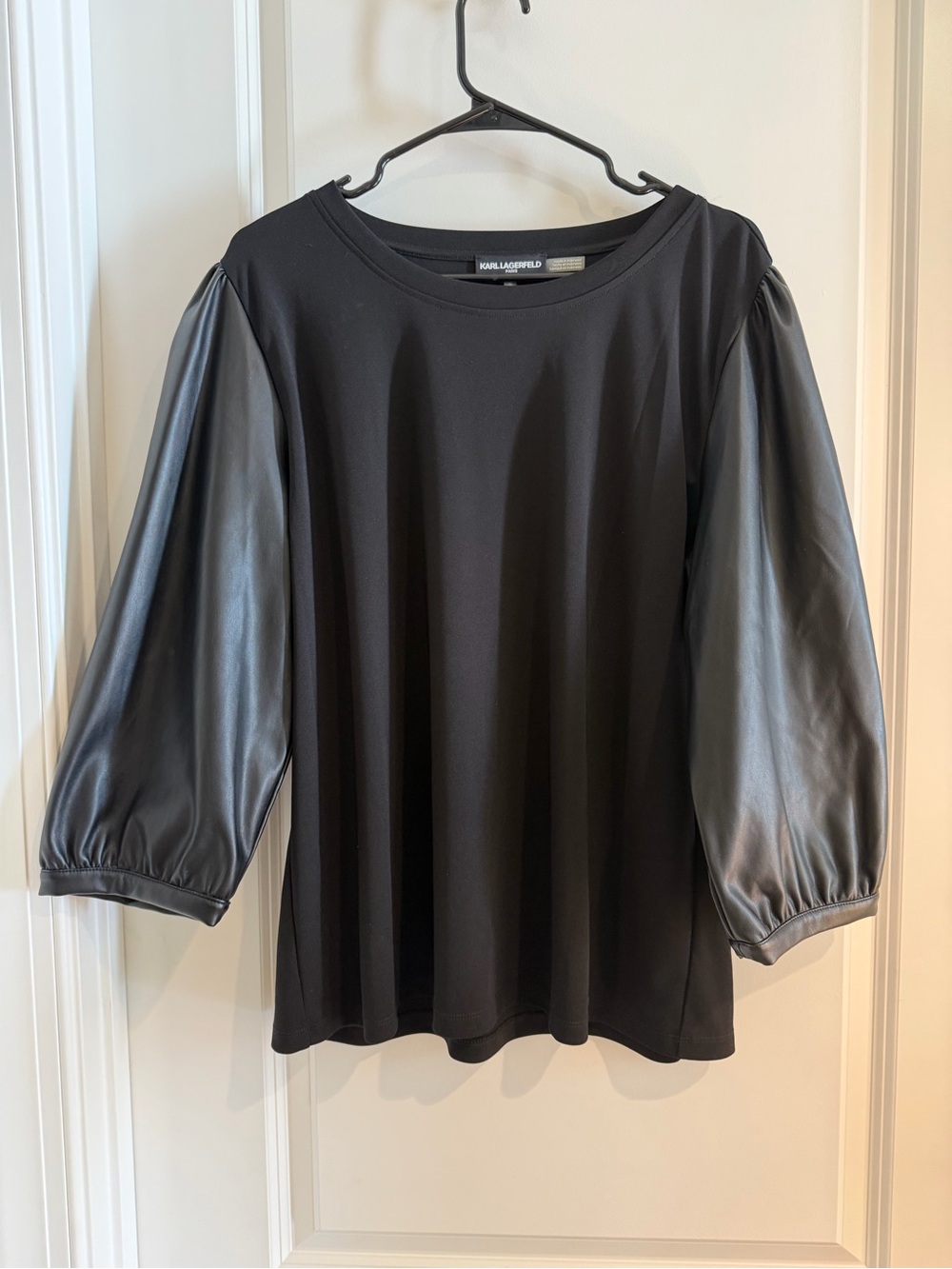 Karl Lagerfeld Black Top with Faux-Leather Puff Sleeves